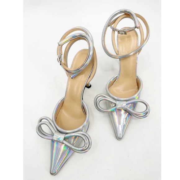 Mach & Mach Silver Iridescent Heels Toe Double Bow Ankle Wrap Straps 38.5 - Picture 3 of 8